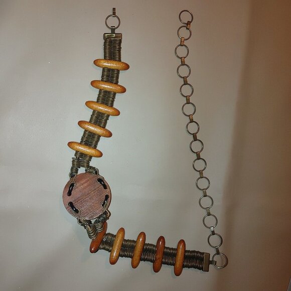 Metal Belt Vintage Boho Rustic Wood Brass Round Decorative Centerpiece Adjust - Picture 12 of 13